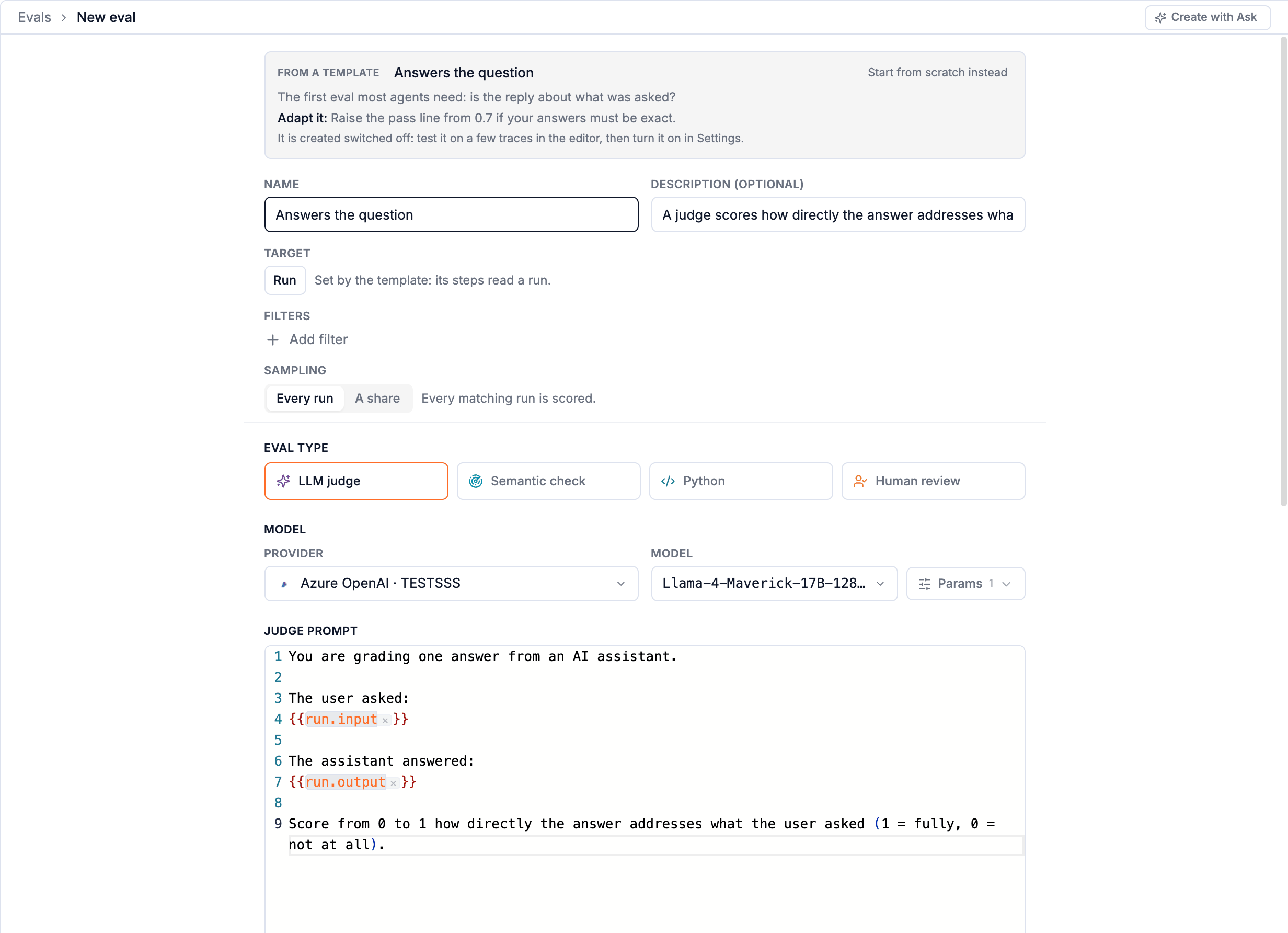 The create page filled in from the Answers the question template: the template's advice, the name, the level, filters, sampling, and the judge's model and prompt.