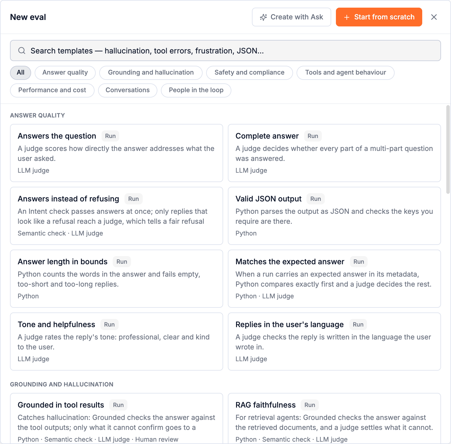 The New eval pop-up: a search box, category chips, template cards with their level and the kinds of step they use, and Start from scratch and Create with Lucid buttons.
