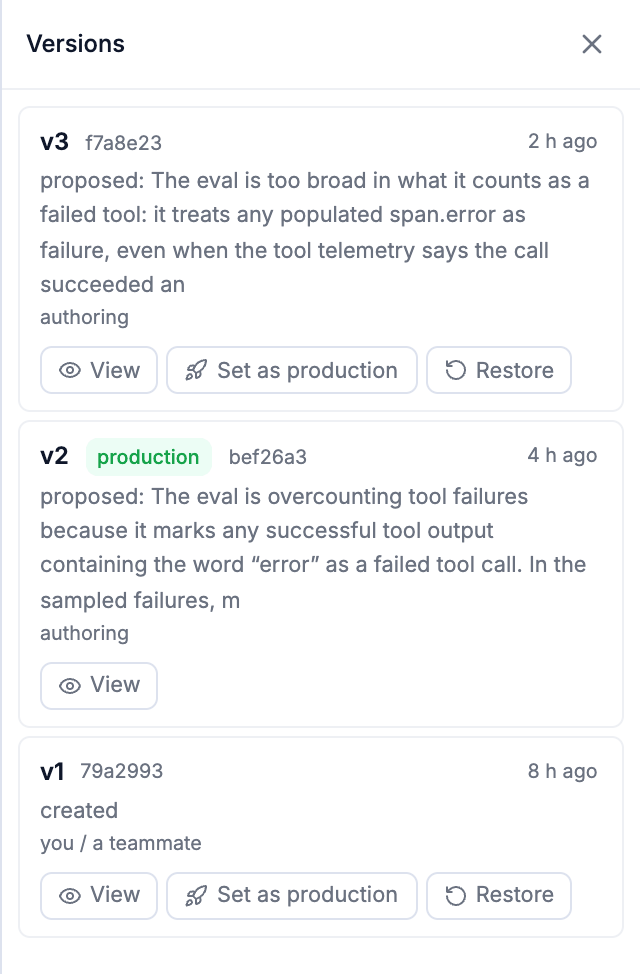 The Versions panel: v3 proposed by Lucid, v2 in production, v1 created: each with View, Set as production and Restore.